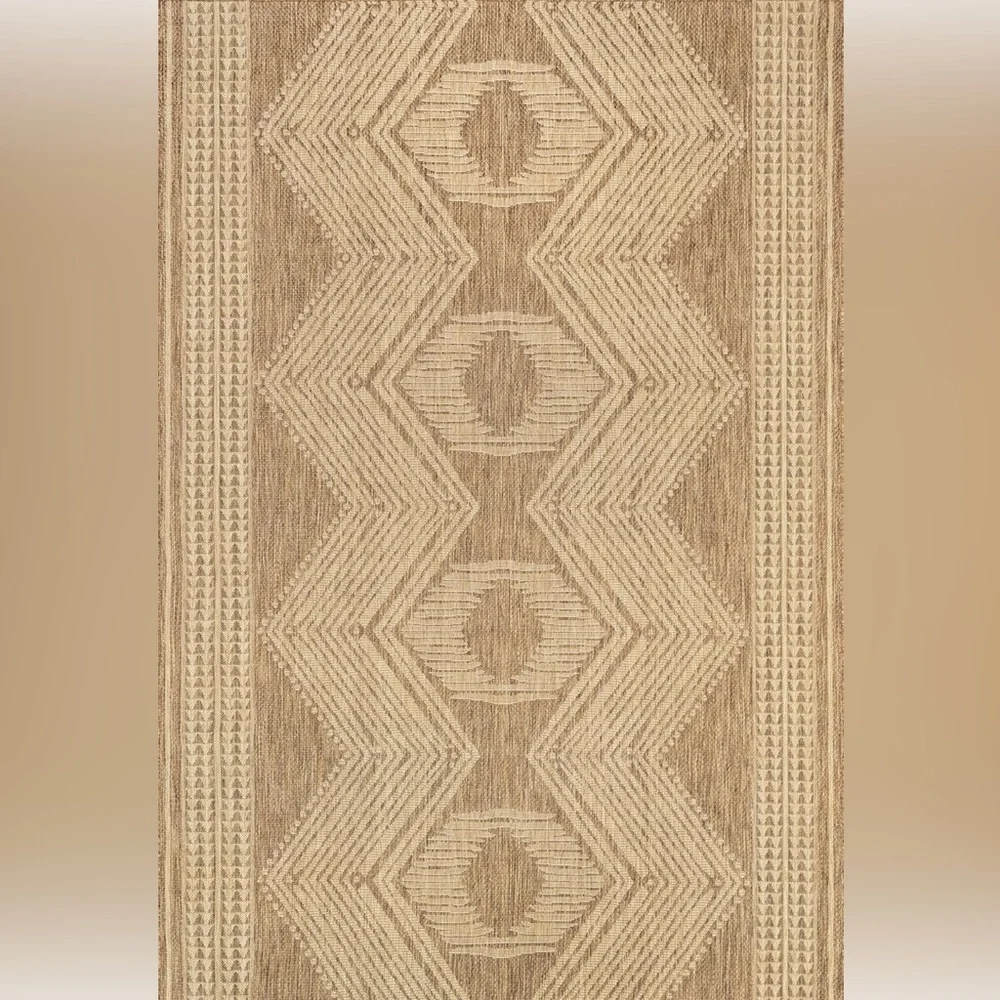 NEW West Elm Tan Woven Boho Jute Style Geometric Indoor Outdoor Area Rug 7' x 9'